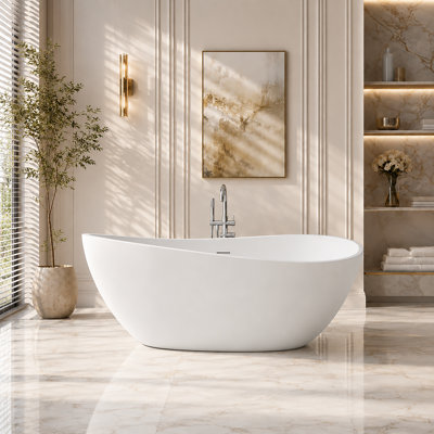 Baignoire profonde autoportante en acrylique blanc mat de 63 pouces, baignoire autoportante renforcée en résine et surdimensionnée pour la rénovation de salle de bain résidentielle
