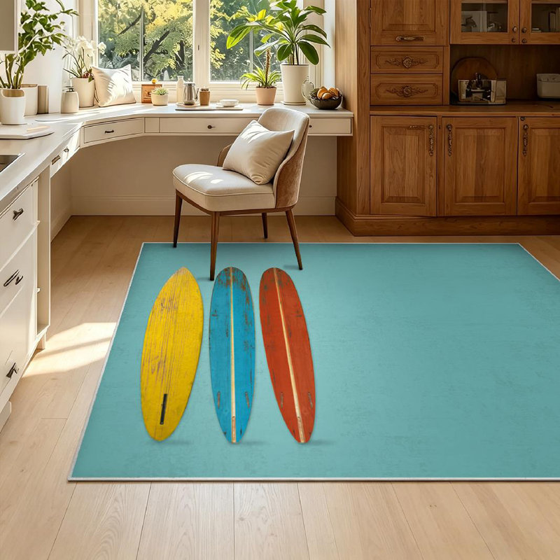 Yellow Vintage Surfboard Color Flat Surf Board Beach Wood Studio Banner Blue Machine Washable Indoor Area Rug