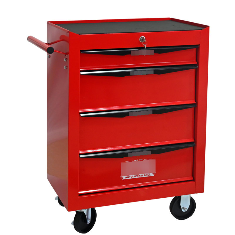 4 - Drawer Tool Chest Organizer, Rolling Trolley With Bearing Slides, Red & Black, Additional Storage For Frequent Tools Steel Chest, Cabinet Universal Wheels Locking Mechanisms