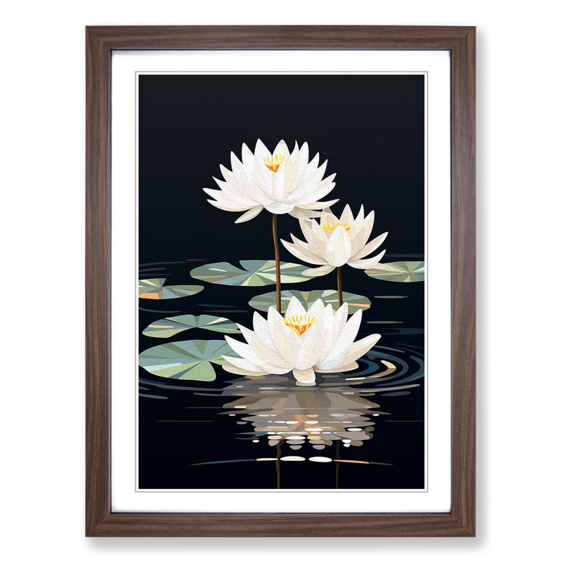 XYZ-FRM-V1223-6394 Water Lily Art Deco No.3 - Single Picture Frame Print on Wood, 64cm H x 46cm W x 2cm D, Walnut