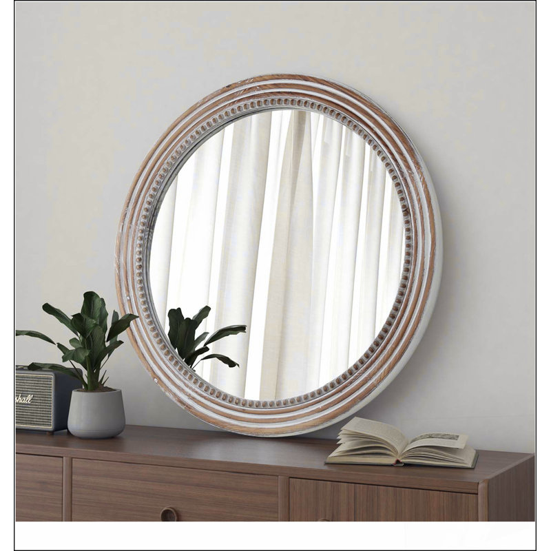 Miroir mural rustique rond, cercle en bois de 23,62 pouces avec perles, parfait pour un décor de maison de campagne et ajoutant une touche d'élégance à n'importe quelle pièce