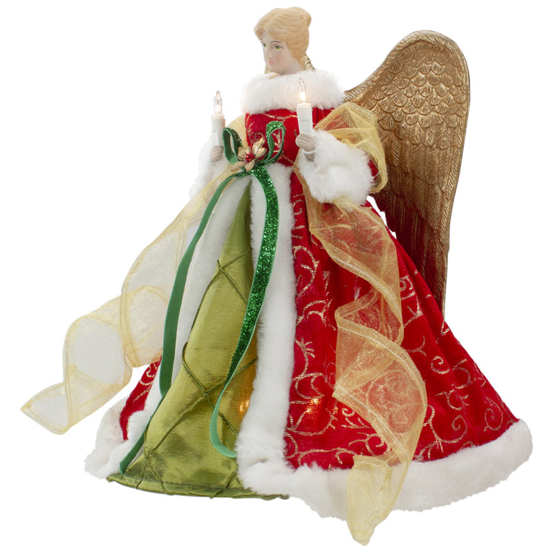 Décoration pour sommet de sapin ange avec ailes 12 "rouge et vert avec lumières claires