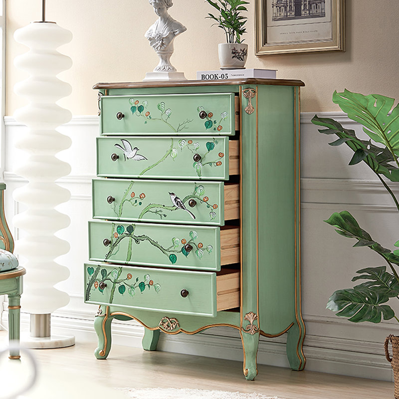Commode décorative 5 tiroirs peinte en bois vert clair