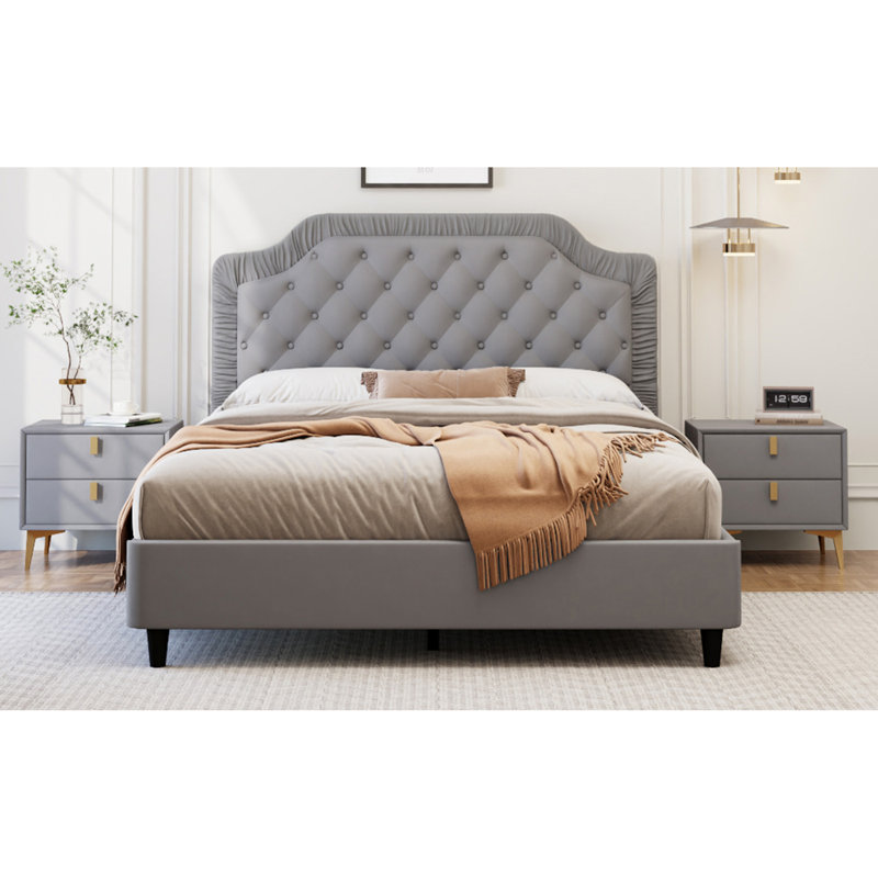 Button Tufted Velvet Upholstered Bed, Gray, Full / Double