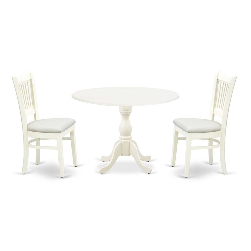 L'ensemble de table de salle à manger 3 pièces pour petits espaces comprend une table de salle à manger ronde avec Dropleaf et 2 chaises en tissu de lin, blanc lin