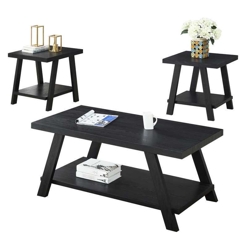 Table basse contemporaine en bois à finition noire avec tablette et pieds élégants à angle large pour un rangement supplémentaire en noir, offrant des qualités de pieds supplémentaires