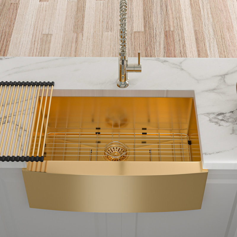 30 Gold Farmhouse Sink - 30 Inch Kitchen Sink Stainless Steel 16 Gauge Apron Front Kitchen Sink, Gold