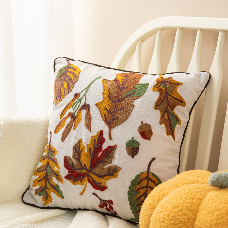 Beige and Brown Embroidered Linen Square Thanksgiving Throw Pillow Set