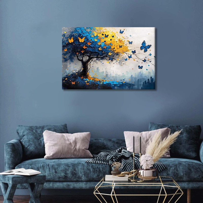 Butterfly Tree Canvas Wall Art Blue and Yellow Tree of Life Painting Print Artwork 24x16 Inch Abstract Oil Style Framed Posters Wall Decor for Living Room Bedroom Office Hallway