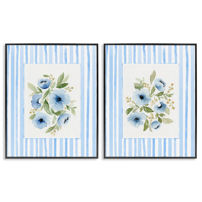 Fleurs bleues avec bordure rayée, ensemble de 2 giclées encadrées, design par Leah Noel Art, H 30 po x l 24 po