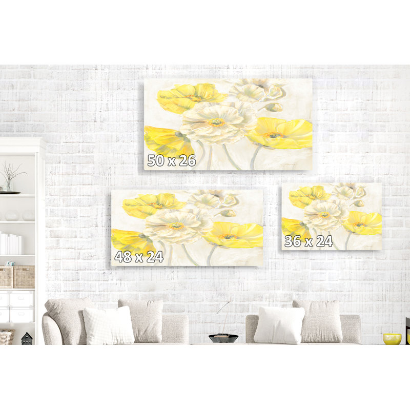 Fleur coquelicots sur crème, jaune, or, H 24 po x l 36 po x P 1,5 po