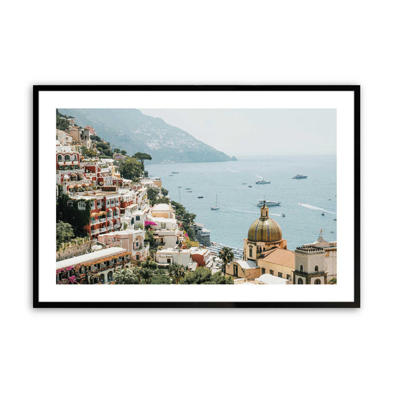 Imprimé littoral Positano, H 25 po x l 37 po x P 1,25 po, Cadre photo noir satiné