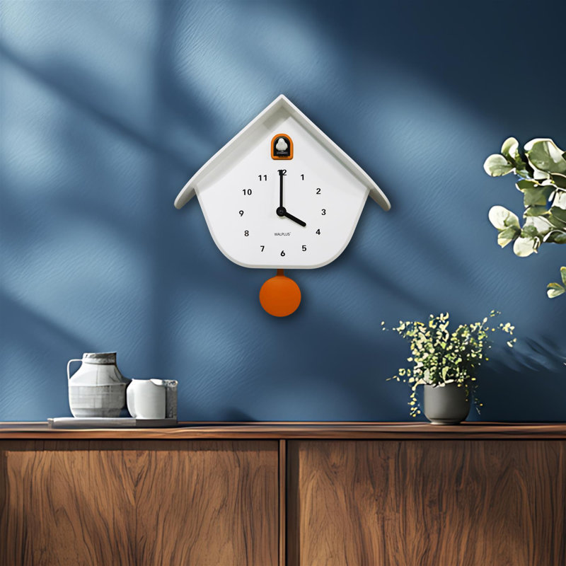 Modern Cuckoo Wall Clock with Accents – Minimalist Decorative Birdhouse Design, Battery Operated, 32.5cm, White/Orange
