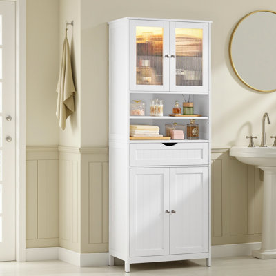 67" H Freestanding Floor Cabinet With Lights, Tall Storage Unit, Adjustable Shelves, For Living Room, Bathroom