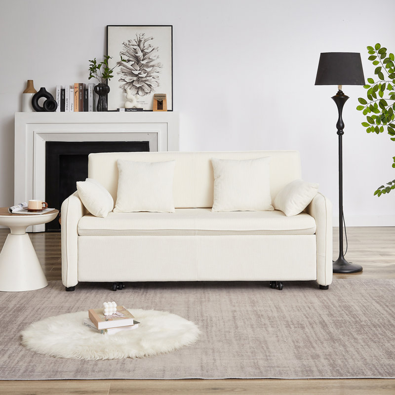 Modern Sofa Bed 3-In-1 Adjustable Sleeper With Pullout Bed Soft Corduroy Convertible Sleeper Sofa Bed, Beige