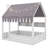 Childrens House Floor Bed with Tent, Lights, Fence Railings and Three Storage Shelves-15397801