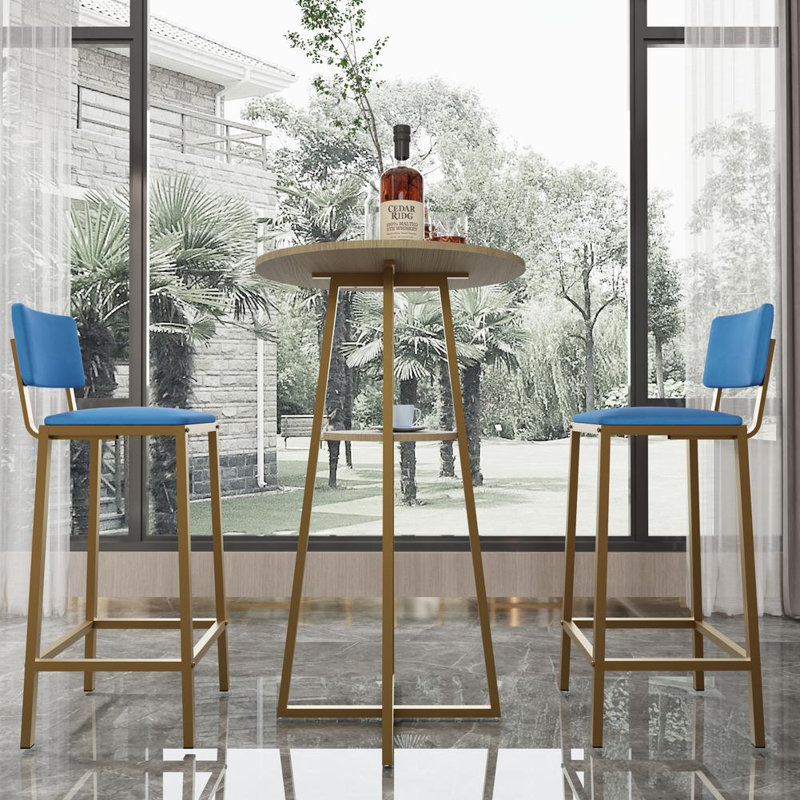Ensemble de table et chaises de bar, ensemble de trois pièces, structure dorée, coussins et dossiers de siège en éponge, table de bar avec rangement
