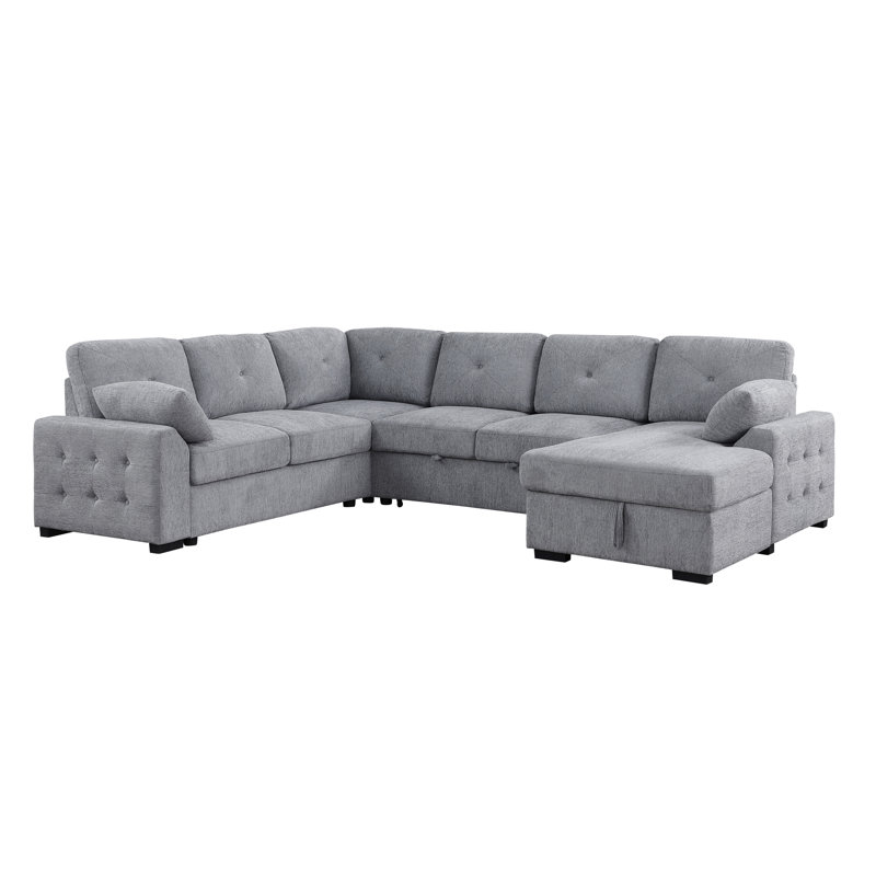 Multi-Functional L-Shaped Corner With Storage & Convertible Bed, 5 Gray Chenille Foam Filler, Pull-Out Sleeper For Movie Nights And Guest Accommodation, Storage-Integrated Chaise Built-In Blankets,