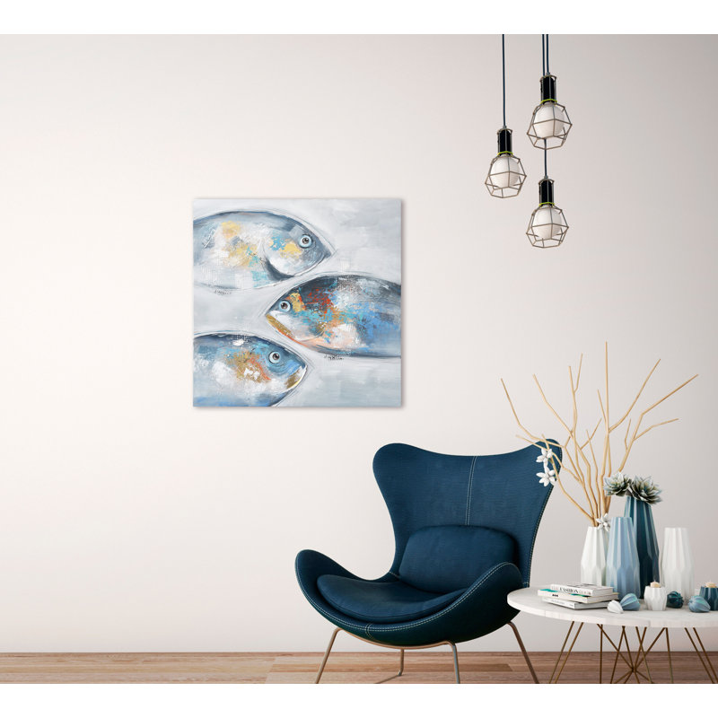 Golden Blue Fish - Wrapped Canvas Painting