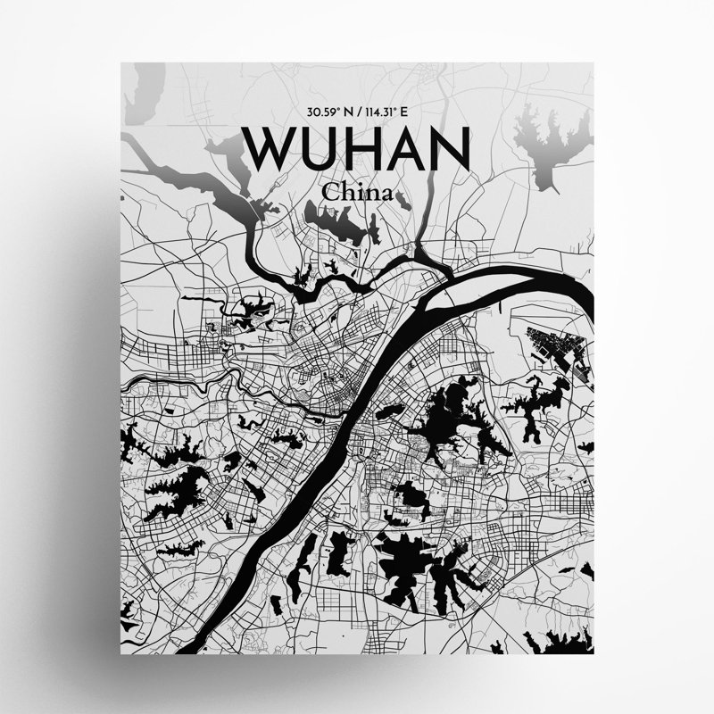 Carte de la ville de Whan, impression, Noir et blanc, H 20 po x l 16 po
