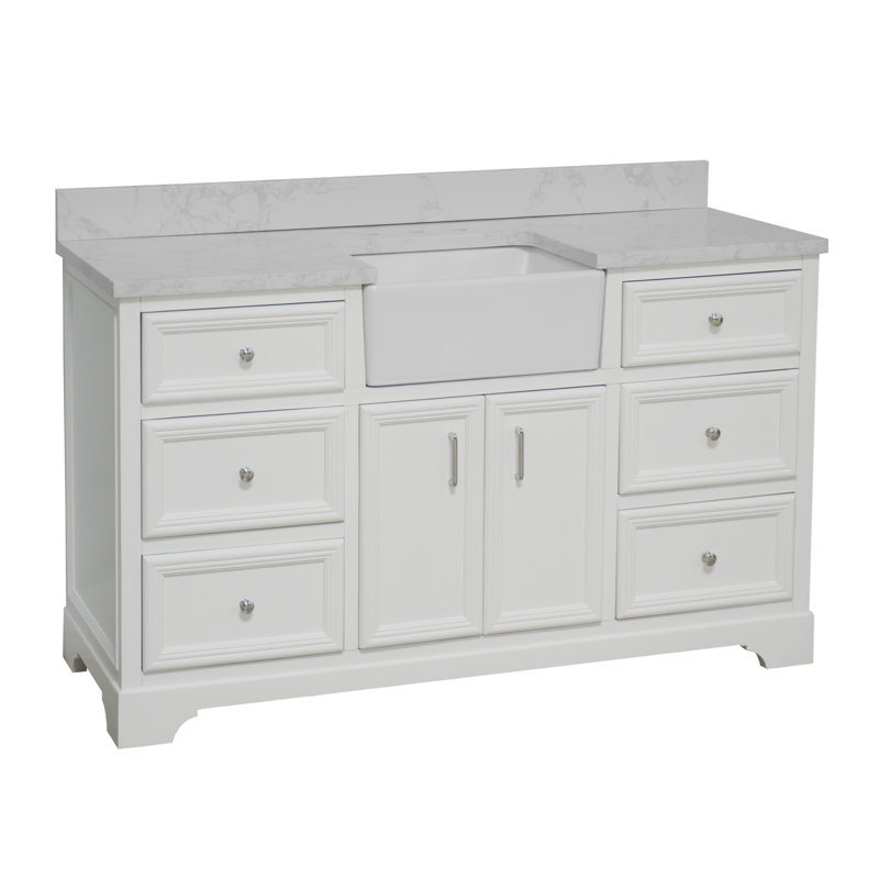 Ensemble de meuble-lavabo simple 60 po Emiliano, Blanc, Carrara d'ingénierie