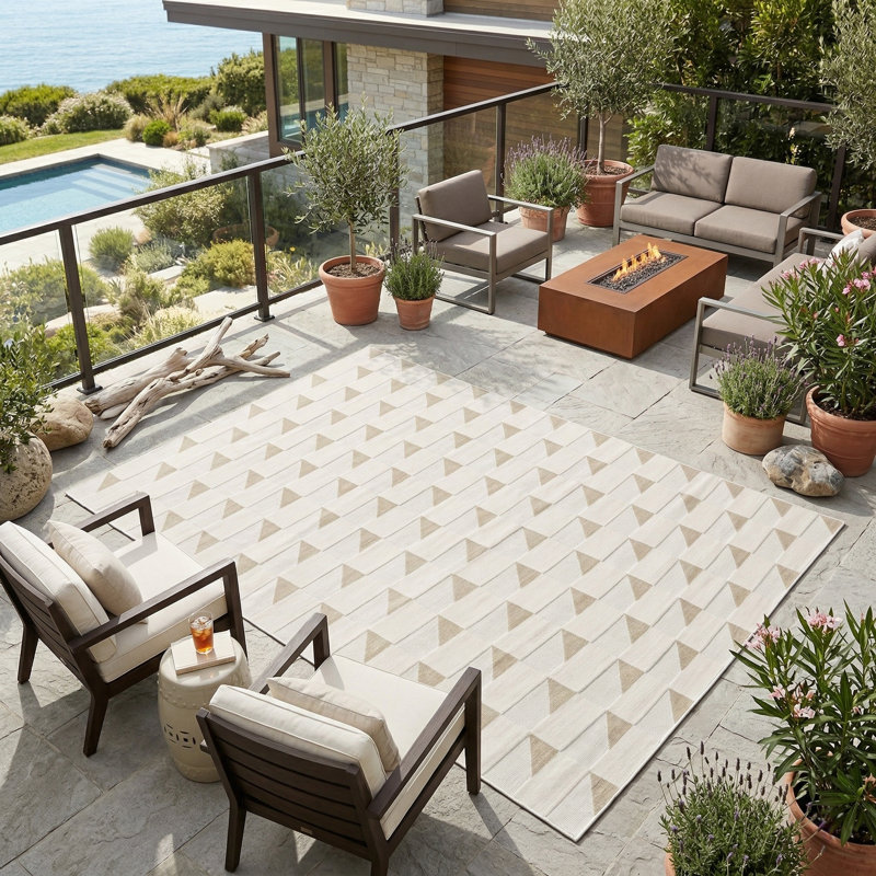Turkish Unfaded Plaid Indoor Outdoor High-Low Pile Area Rug in Beige/Cream for Patios, Deck, Porch Or Entryway