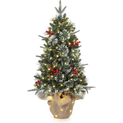 Arbre de Noël 3 pi, aspect fibre optique floqué, 78 lumières à DEL blanc chaud, 8 modes à piles, base en toile de jute, mini arbre de Noël artificiel de table pour les décorations des Fêtes
