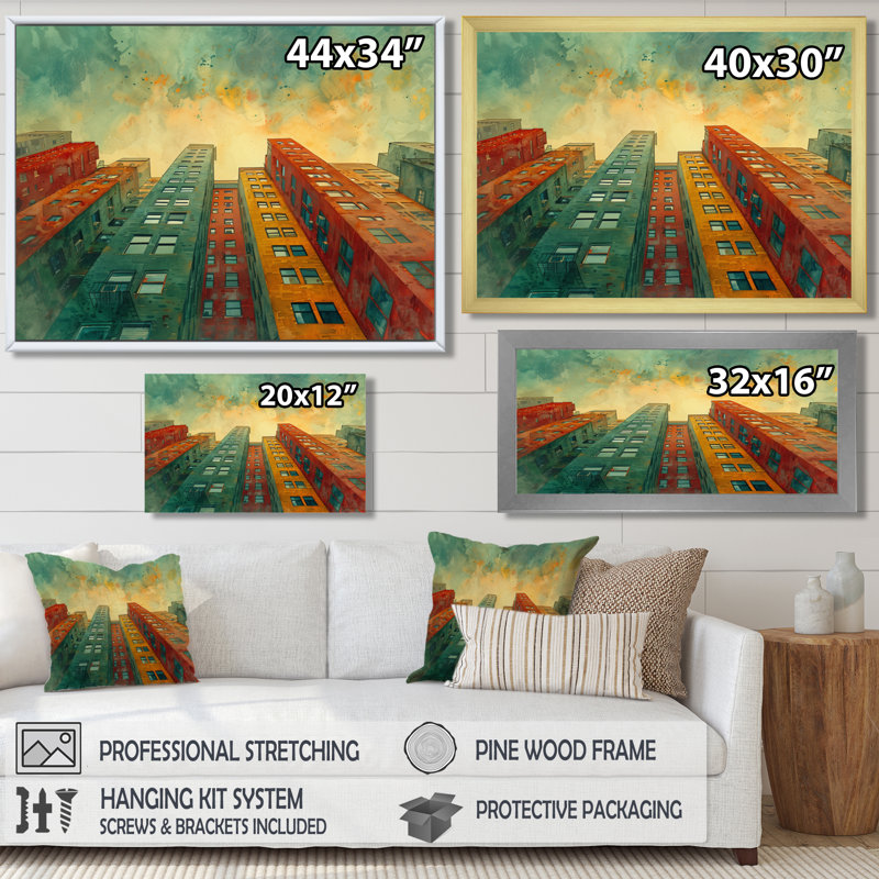 Vert, rouge, urbain, rétro, gratte-ciel II - art mural gratte-ciel, Cadre photo noir, H 16 po x l 32 po