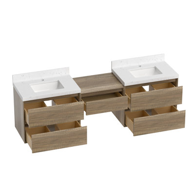 84" Wall-Mounted Double Bathroom Vanity Combo with Engineered Stone Top and Modular Makeup Storage Cabinet