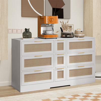 Commode à 9 tiroirs Boho, armoire buffet en rotin de 51 po de largeur avec tiroirs, commode pour commode