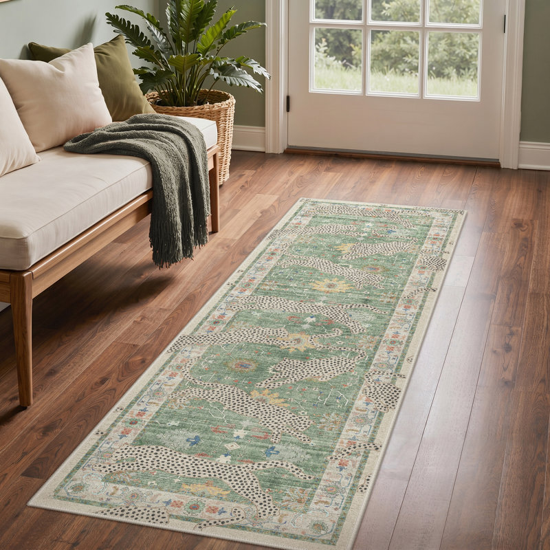 Allandale Leopard Print Green / Beige Machine Washable Non-Slip Area Rug, Runner 2'6" x 8', Green