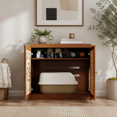 Meuble de rangement pour litière pour chat Walnut Hollow sculpté, buffet multifonctionnel avec ventilation et large ouverture pour chat, idéal pour le salon et l'entrée. Remarque : la litière et le tapis pour chat ne sont pas inclus.
