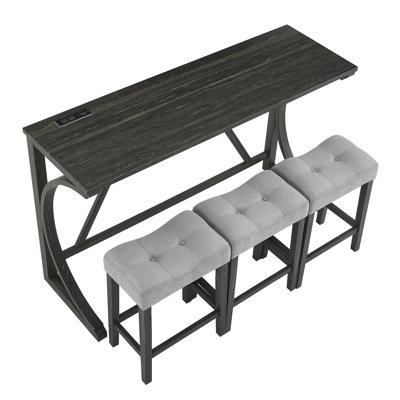 Bar Table Set With Power Outlet, Bar Table And Chairs Set, 4 Piece Dining Table Set, Industrial Breakfast Table Set, For Living Room, Dining Room, Game Room
