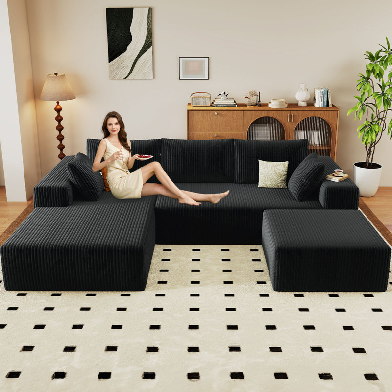 Canapé modulaire Boneless 96 po Cloud Couch, Orienté à gauche (vu de face), Velours côtelé noir