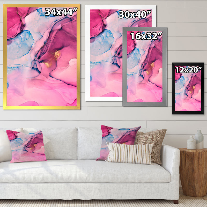 «Pink and Blue Abstract Marble I», reproduction sur toile, Cadre photo doré, H 32 po x l 16 po