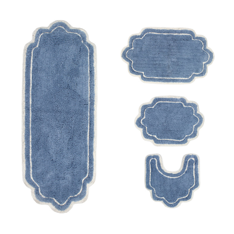 Dobrinsky 100% Cotton Bath Rug and Contour Mat, Machine Washable, Quick Dry, Absorbent - 4 Piece Set, Blue