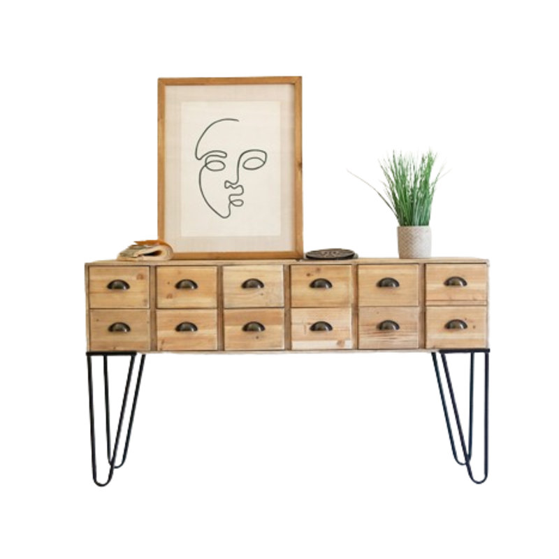 Brown Mid-Century Light Wood Console Table with Iron Legs