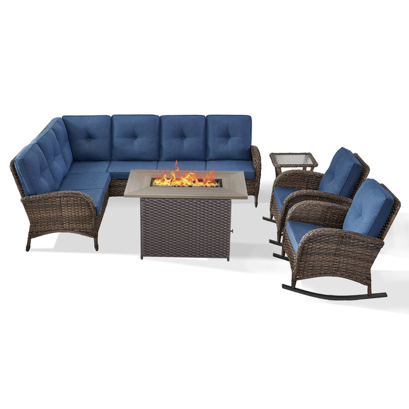Ensemble de conversation modulaire d'extérieur en osier pour 8 personnes avec coussins et foyer 50 000 BTU Gaetanino, Bleu