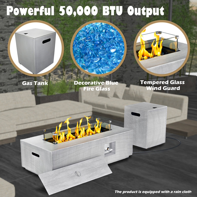 42" Rectangular Propane Fire Pit Table – 50,000 BTU Outdoor Heater With Wind Guard & Convertible Design, Gray