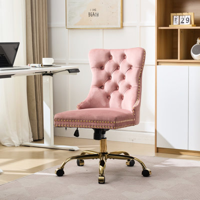 Modern Pink Office Chair With Velvet Upholstered Buttons, Electroplated Golden Metal Base, Swivel Function, High Rebound Cushion, Hand - Pulled Buttons Adjustable Desk Upholstery, Button Design,