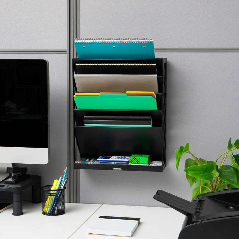Mind Reader 5-Tier Vertical File Storage, Desktop Organizer, Wall Mount, Office, Plastic, 13"L x 4.25"W x 16"H, Black
