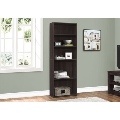 Bibliothèque à 6 niveaux, 72 po de hauteur, solution de rangement pour chambre de bureau, stratifié brun, style transitionnel, 3 tablettes réglables et 2 fixes, peu encombrantes, finition élégante, quincaillerie basculante pour plus de sécurité,