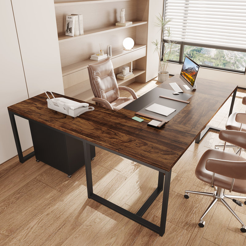 Wieze L-Shaped Metal Base Executive Desk, Rustic Brown/Black