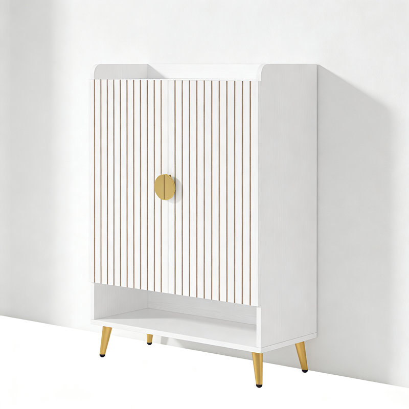 Nordic Style Pure White Shoe Cabinet Vertical Gold Strip Decorative Door Round Gold Handles Gold Tapered Legs Entryway Storage Furniture