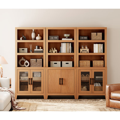 Bibliothèque de 74 po de hauteur avec portes en verre, ensemble de 3 grandes bibliothèques, bibliothèque de style campagnard avec tablettes ouvertes pour le salon, le bureau personnel et la bibliothèque