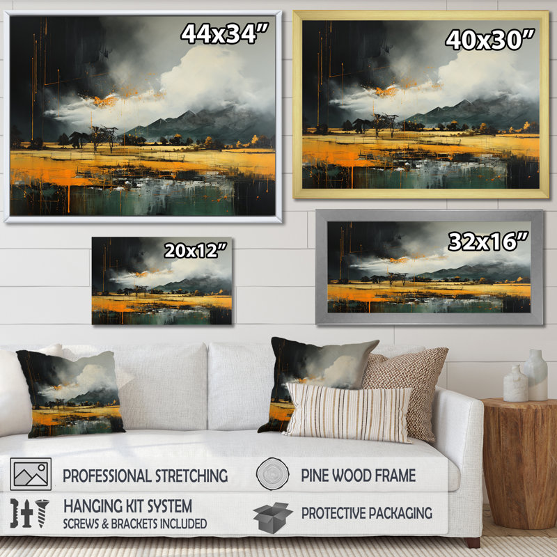 Gris et jaune, paysage de montagne abstrait II - paysage abstrait, art mural, Cadre de coin blanc fermé
