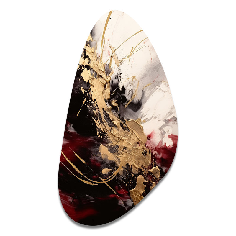 Gold and Red Fluid Fusion I - Abstract Asymmetrical Metal Wall Art, Modern Irregular Shape Metal Art Print