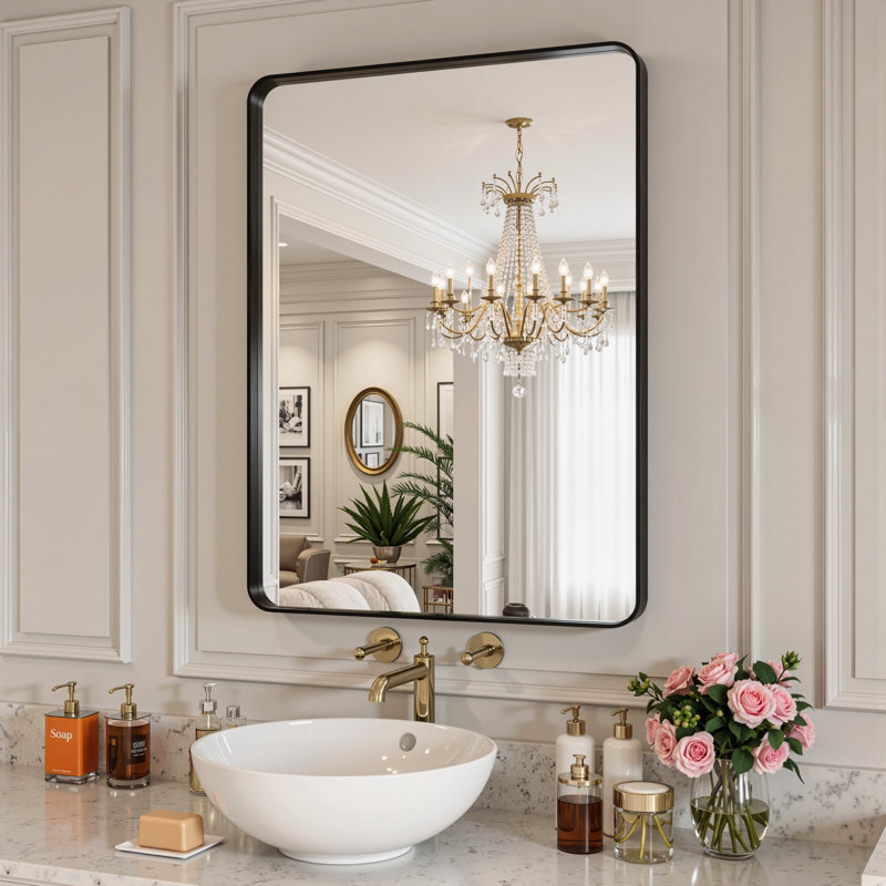Lunara 1.18" Deep Rounded Corner Rectangular Bathroom Wall Mirror with Premium Tempered Glass & Aluminum Alloy Framed, Black