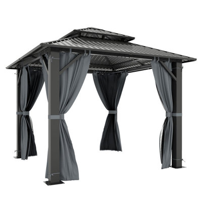 Pavillon de jardin l 8,5 pi x P 8,5 pi avec toit rigide en acier galvanisé antirouille, avec rideau d'intimité et filet anti-insectes
