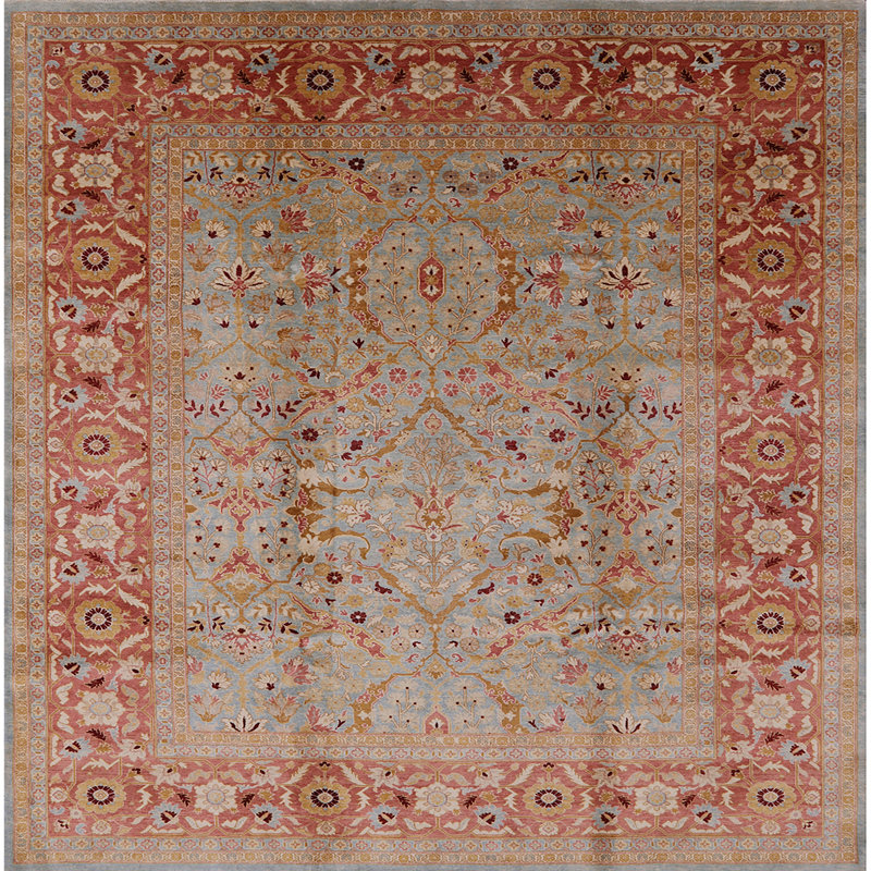Tapis oriental rouge / bleu Kersam, Carré 7 pi